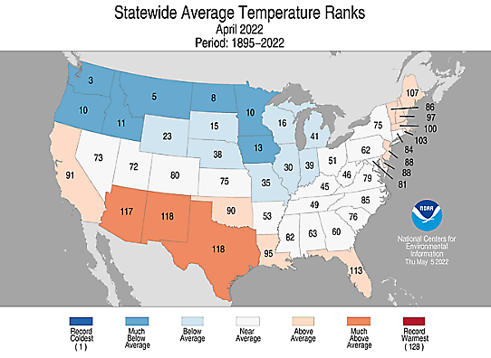Bilden visar ranking av medeltemperatur i april 2022 delstatsvis i USA