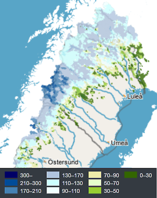Karta över norra Sverige som visar att det finns mer snö än normalt för säsongen i norra Norrlands inland och i fjällen.