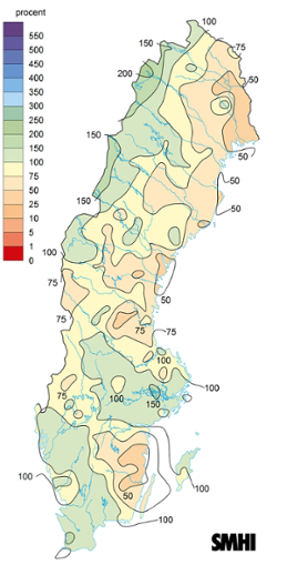 Sverigekarta som visar nederbördens avvikelse från det normala under maj 2022