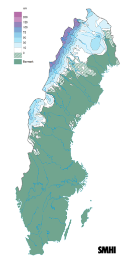 Sverigekarta som visar snödjupet den 15 maj 2022