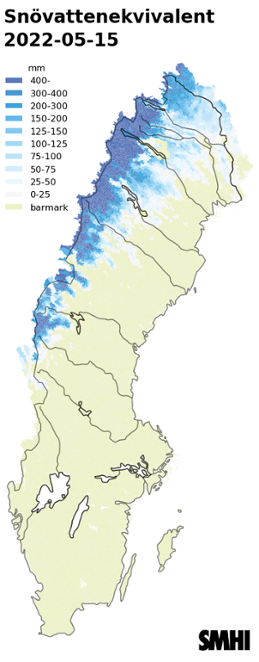 Karta över snötäckets beräknade vattenvärde 15 maj 2022 