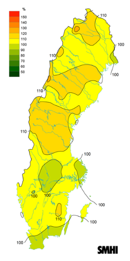 Sverigekarta som visar byvindens avvikelse från det normala (1996-2015) under maj 2022