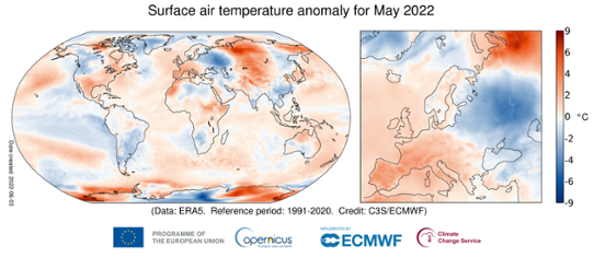 Global temperaturanomali (vänster bild) i maj 2022 samt för Europa (höger bild). Avvikelserna avser normalperioden 1991-2020. Källa: ECMWF, Copernicus Climate Change Service.