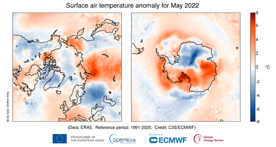 Temperaturavvikelse i maj 2022 för Arktis (vänster bild) och Antarktis (höger bild) relativt normalperioden 1991-2020. Källa: ECMWF, Copernicus Climate Change Service.