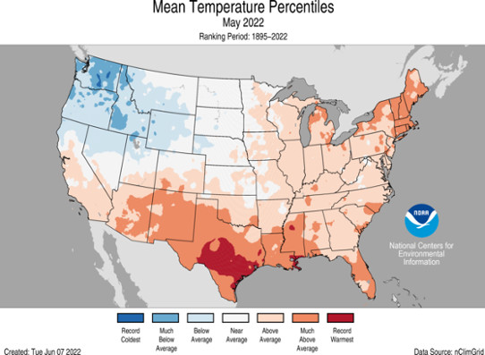 Temperaturklassificering av medeltemperaturen i USA för maj 2022.