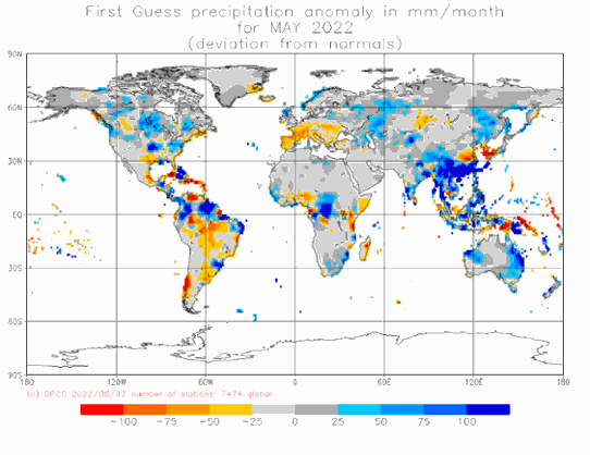 Preliminär global nederbördsanomali för maj 2022. Avvikelserna bygger på normalvärden för perioden 1951-2000.