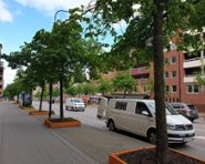 Stadsgata kantad av träd, mätutrustning på ett träd. SMHI-bil parkerad vid trottoaren. 