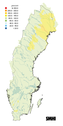 Karta över beräknade markvattenhalt i procent av den normala, 15 oktober 2011