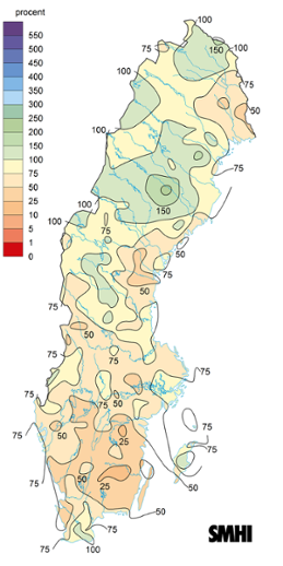 Sverigekarta som visar nederbördens avvikelse från det normala under juni 2022