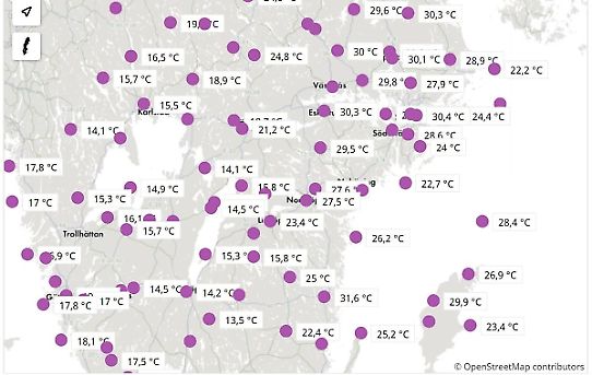 Bllden visar en karta med temperaturer i södra Sverige klockan 12 den 28 juni 2022.