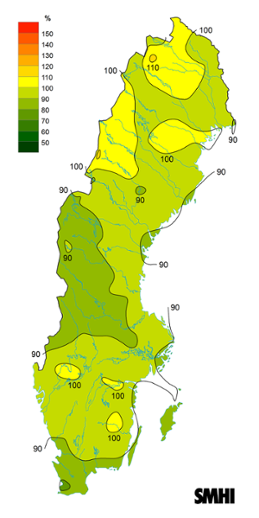 Sverigekarta som visar byvindens avvikelse från det normala (1996-2015) under juni 2022