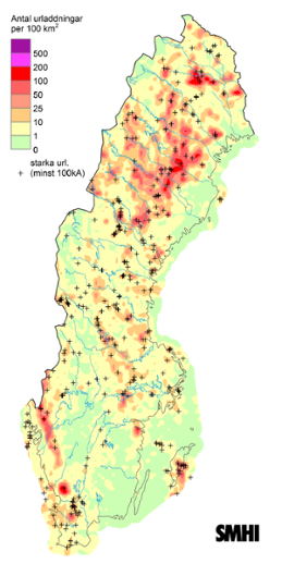 Sverigekarta som visar totalt antal blixtar under juni 2022