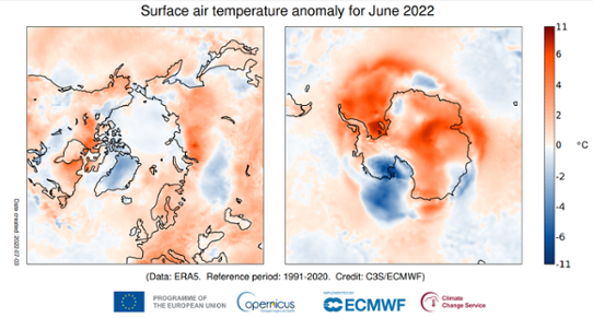 Bilden visar en karta med temperaturavvikelerna i juni 2022 för Arktis och Antarktis.