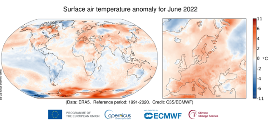 Bilden visar kartor med temperaturens avvikelse från det normala i världen och i Europa i juni 2022.