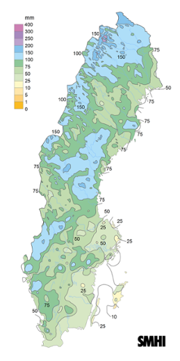 Sverigekarta som visar nederbördssumma under juli 2022