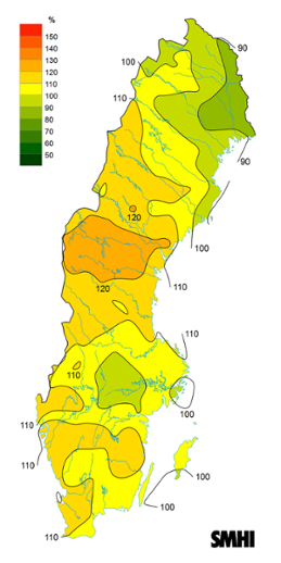 Sverigekarta som visar byvindens avvikelse från det normala (1996-2015) under juli 2022