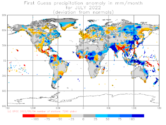 Bilden visar en världskarta med avvikelse från normal nederbörd i juli 2022. 