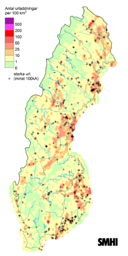 Sverigekarta som visar totalt antal blixtar under juli 2022