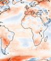 Bilden visar en världskarta med temperaturens avvikelse från det normala i juli 2002.