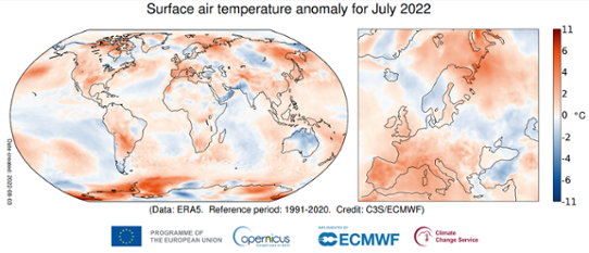 Bilden visar en världskarta med temperaturens avvikelse från det normala i juli 2002.