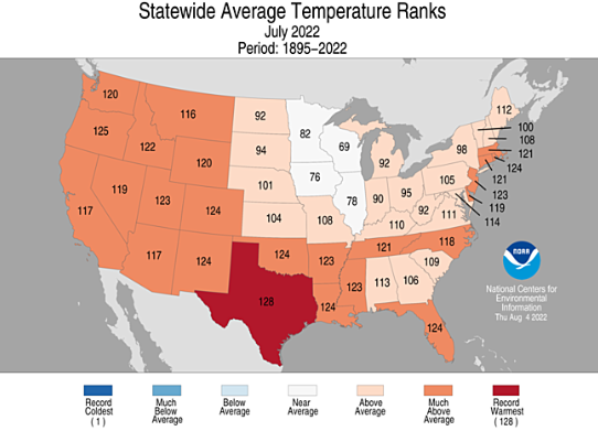 Bilden visar en karta över USA med ranking av månadsmedeltemperaturen i juli 2022 delstatsvis.