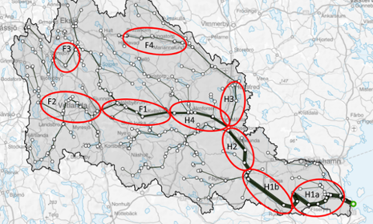 Karta som visar delsträckor där SMHI gjort kampanjmätning av flödesläget i augusti 2022