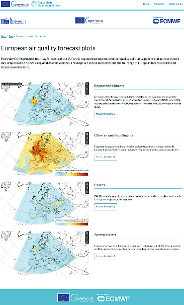 Skärmbild från CAMS webbplats med karta som visar daglig maximal koncentration av PM10 över Europa