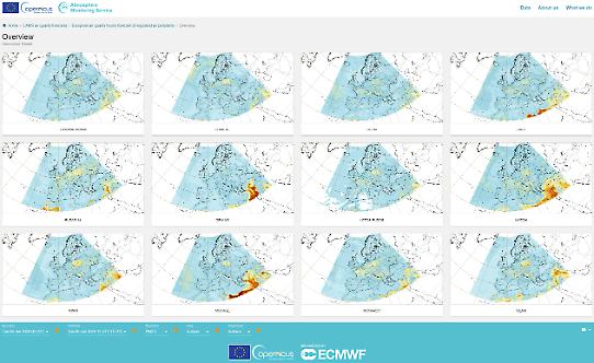 12 kartor över Europa som illustrerar CAMS ensembleprognos för genomsnittligt marknära ozon