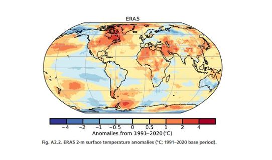 Fig. A2.2. ERA5 2-m surface temperature anomalies (°C; 1991–2020 base period).