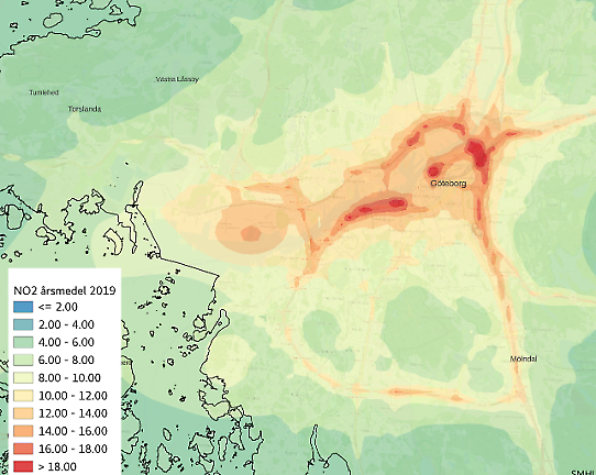 Högupplöst karta som visar årsmedelhalt kvävedioxid beräknad för Göteborg 2019.