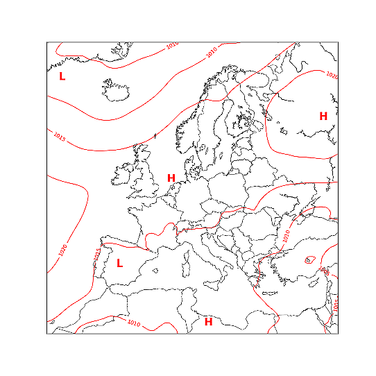Bilden visar en karta med det genomsnittliga lufttrycket över Europa i augusti 2022.