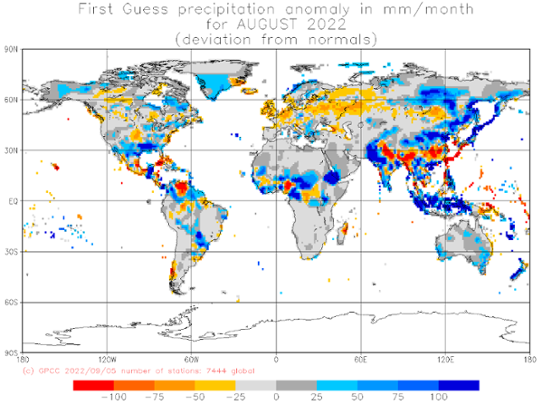 Bilden visar en världskarta med nederbördens avvikelse från det normala i augusti 2022.