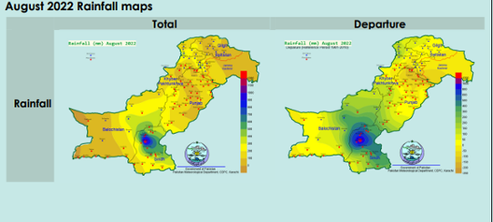Bilden visar kartor över nederbördsförhållandena i Pakistan i augusti 2022.