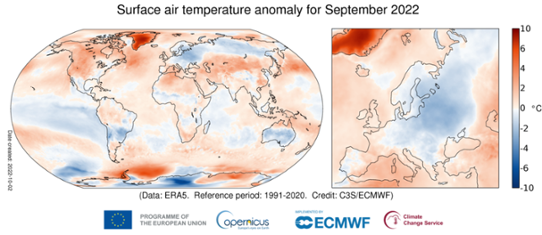 Global temperaturanomali (vänster bild) i september 2022 samt för Europa (höger bild).