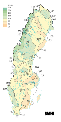 Karta över nederbörd i procent av det normala under våren 2011