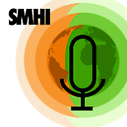Illustration av en mikrofon framför ett jordklot med grön och orange färg och texten SMHI. 
