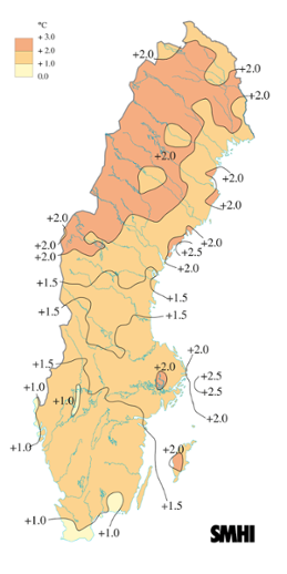 Karta över medeltemperaturens avvikelse från det normala under sommaren 2011 