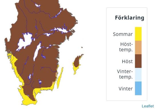 Bilden visar var i södra Sverige det ännu var meteorologisk sommar (gul färg) den 9 november 2022.