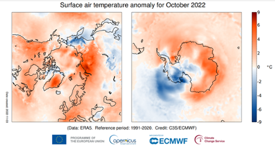 Temperaturavvikelse i oktober 2022 för Arktis (vänster bild) och Antarktis (höger bild).