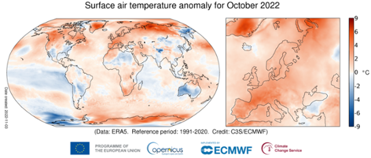 Global temperaturanomali (vänster bild) i oktober 2022 samt för Europa (höger bild).