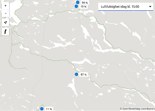 Bilden visar en karta med relativ luftfuktighet i södra Lapplandsfjällen den 17 november 2022.