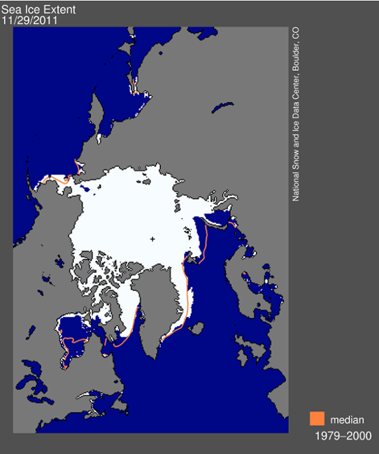 Isutbredningen i Polarhavet den 29 november 2011.