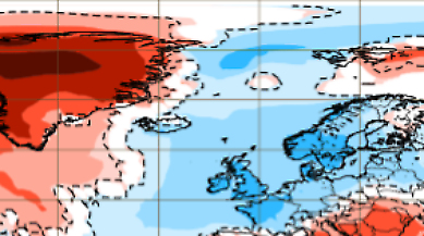Prognoskartan visar mildare luft över Grönland och kyligare över västeuropa.