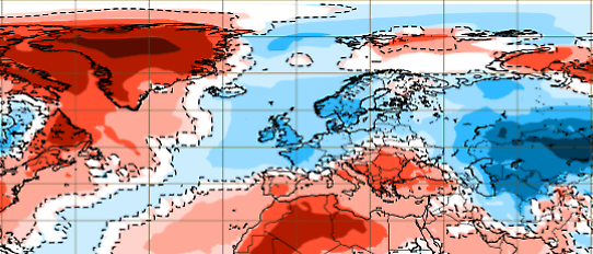 Bilden visar prognostiserade temperaturavvikelser 5/12-12/12 2022
