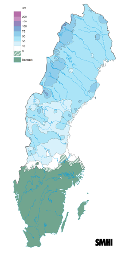 Sverigekarta som visar snödjupet den 31 december 2022