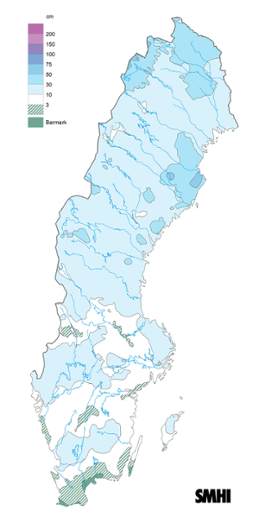 Sverigekarta som visar snödjupet den 15 december 2022