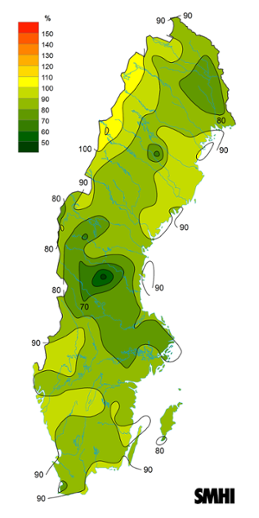 Sverigekarta som visar byvindens avvikelse från det normala (1996-2015) under december 2022