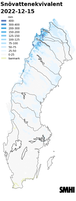 Karta över snötäckets beräknade vattenvärde 15 december 2022. 