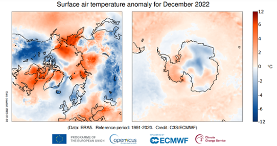 Bilden visar en karta med temperaturavvikelserna i december 2022 för Arktis och Antarktis.