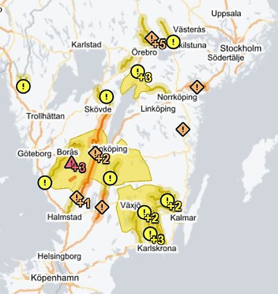 Karta över södra Sveriges hydrologiska varningar visar att många områden var påverkade